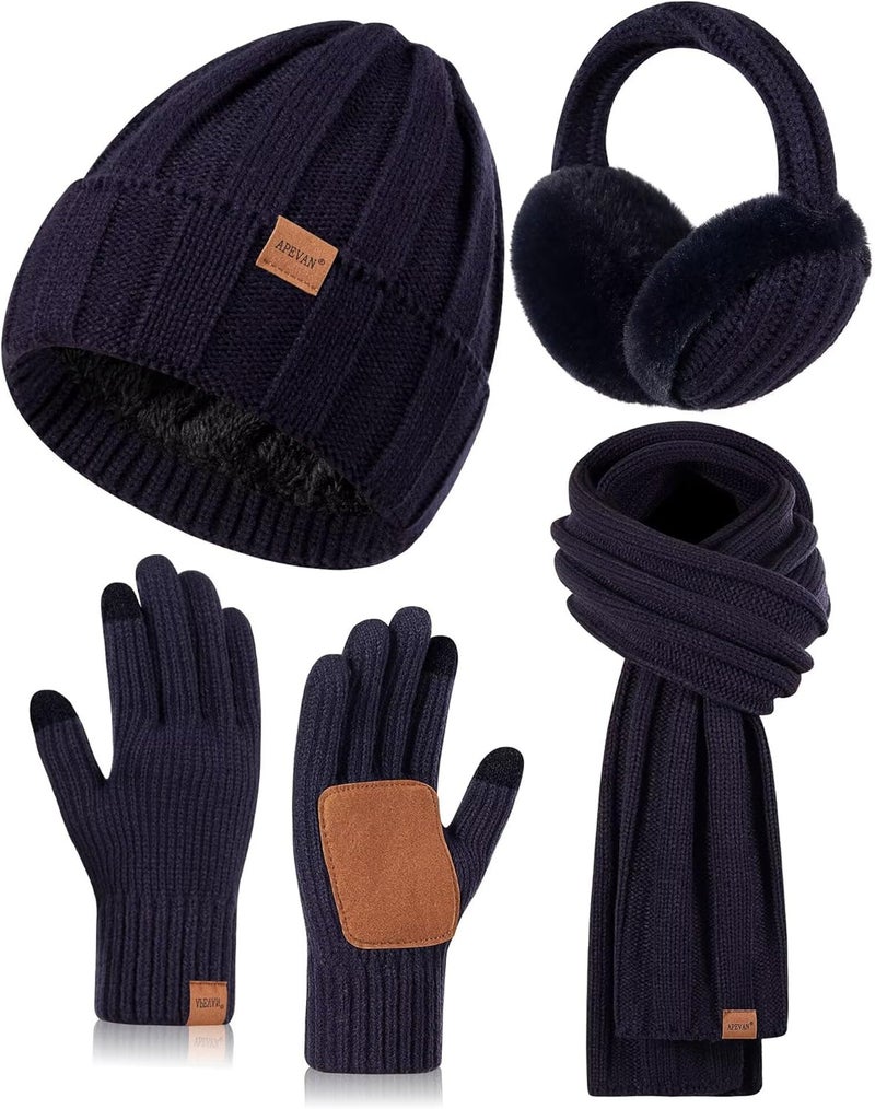 APEVAN Winter Hat Gloves Scarf Earmuffs Set for Women, Fleece Lined Beanie Long Scarf Touchscreen Gloves Ear Warmer, 4 in 1 Gift Set - Image 1